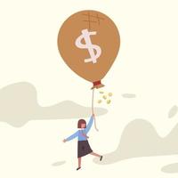Business concept design businesswoman flying with money bag dollar balloon. Increase budget, capital business with investment. Success financial, cash, wealth people. Vector illustration flat cartoon