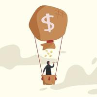 Business flat drawing Arab businesswoman in hot air balloon with money bag looking with telescope or monocular. Business concept searching, growth, leadership, investment. Cartoon vector illustration