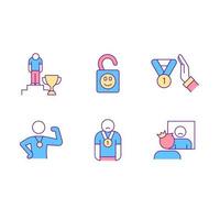 Impostor syndrome RGB color icons set. psychological problem. Feeling uncertain and unhappy. Doubting in abilities. Isolated vector illustrations. Simple filled line drawings collection