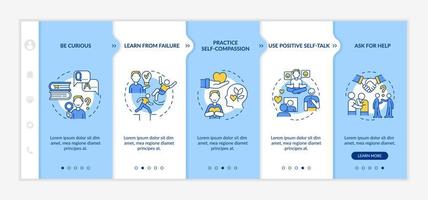 Happiness mindset strategies onboarding vector template. Responsive mobile website with icons. Web page walkthrough 5 step screens. Become happy and confident color concept with linear illustrations