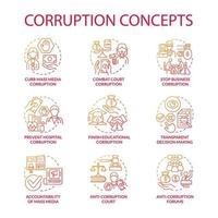 conjunto de iconos de concepto de formas de corrupción. ilustraciones de color de línea delgada de idea de gobierno corrupto. soborno en el gobierno. malversación de dinero. toma de decisiones transparente. dibujos de contorno aislados vectoriales. vector