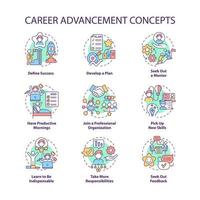 Career advancement concept icons set. Improvement in work. Successful employee. Professional development idea thin line color illustrations. Vector isolated outline drawings. Editable stroke