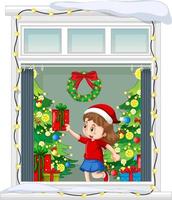 ver a través de la ventana de una niña en el tema de Navidad vector