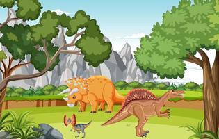 escena con dinosaurios en el bosque vector