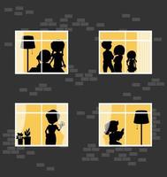 Night windows building with people silhouettes vector