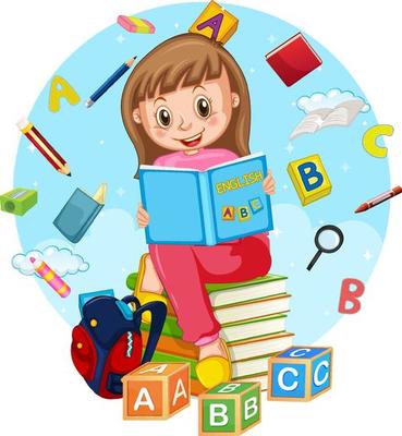 A girl reading books on white background