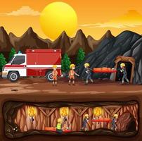 Underground scene with firerman rescue in cartoon style vector