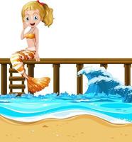 Mermaid sitting on wooden pier vector