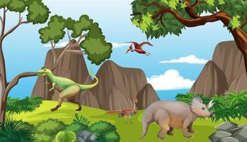 escena con dinosaurios en el bosque vector