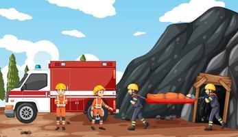 escena de la cueva con rescate de bomberos en estilo de dibujos animados vector