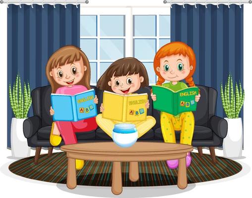 Children reading books at home