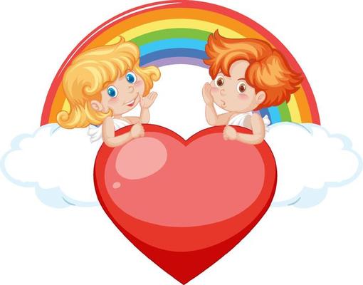 Angel boy and girl on red heart with rainbow