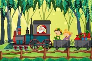 niños en un tren con escena natural vector