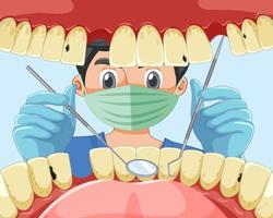 Dentist holding instruments examining patient teeth inside human mouth vector