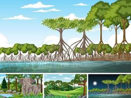 escena con animales salvajes en el bosque vector