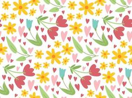 Cute floral Easter spring seamless pattern with simple doodle flowers, leaves and hearts on white background. Hand drawn vector springtime texture