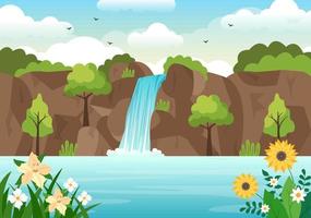 cascada paisaje de la selva de paisaje natural tropical con cascada de rocas, arroyos de río o acantilado rocoso en ilustración de vector de fondo plano