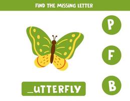 Find missing letter with cute butterfly. Spelling worksheet. vector