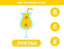 Find missing letter with cartoon cocktail. Spelling worksheet. vector