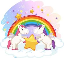 Two cute unicorns holding a star together with rainbow background vector