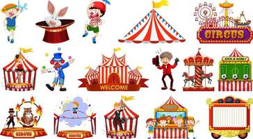 Set of circus characters and amusement park elements vector