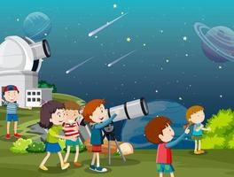 niños mirando el planeta con telescopio vector