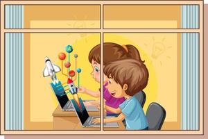 View through the window of children doing homework vector