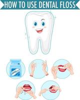 Clean tooth and process of flossing on white background vector