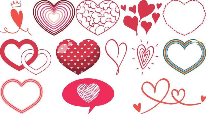 Different style of hearts isolated on white background