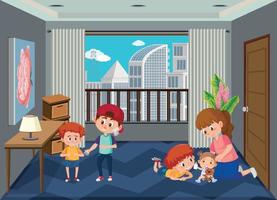 Living room scene with family members in cartoon style vector