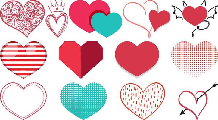 Different style of hearts isolated on white background