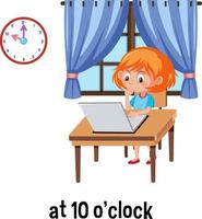 preposiciones de tiempo en ingles con niño y reloj vector