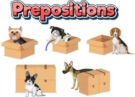 diseño de wordcard de preposición con perro y cajas vector