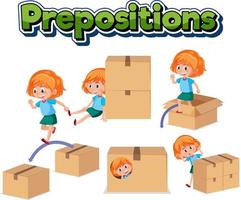 Prepostion wordcard design with girl and boxes vector