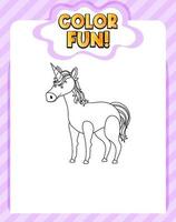 Worksheets template with color time text and Unicorn outline vector