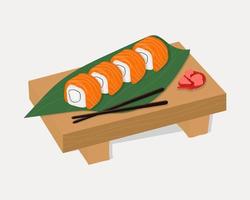 conjunto de platos tradicionales japoneses de rollos y sushi con mariscos. en una bandeja de madera vector