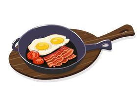 Desayuno inglés. huevos fritos con tocino en una sartén de hierro fundido vector