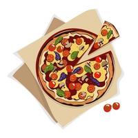 Italian pizza with salami, mushrooms, tomatoes, basil and cheese vector