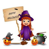 Happy Halloween with little witch holding a wooden sign letter vector