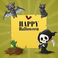 Happy halloween with grim reaper, bats, and zombie hand vector