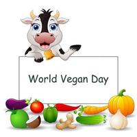 World Vegan Day text design on sign with vegetables and a cow vector