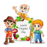 World Vegan Day Template with farmers and vegetables on frame vector