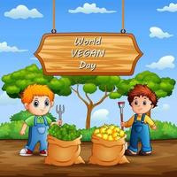 World Vegan Day on sign with vegetables and young farmers vector