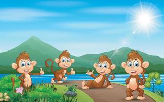 Group of monkey enjoying nature on road vector