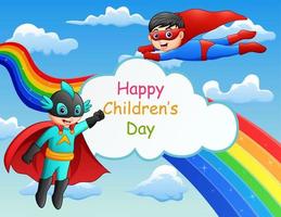 Happy Children's Day template with superhero kids flying on the sky