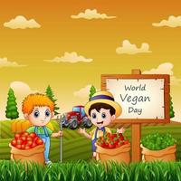 The farmers and vegetables in sack on World vegan Day vector