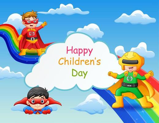 Happy Children's Day template with superhero kids on the sky