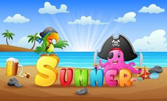 Summer beach background with octopus pirate and parrot vector