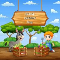 Happy World Vegan Day with farm products and farmer vector