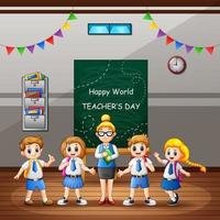 Happy Teacher's Day text on chalkboard with kids and teacher in the classroom vector